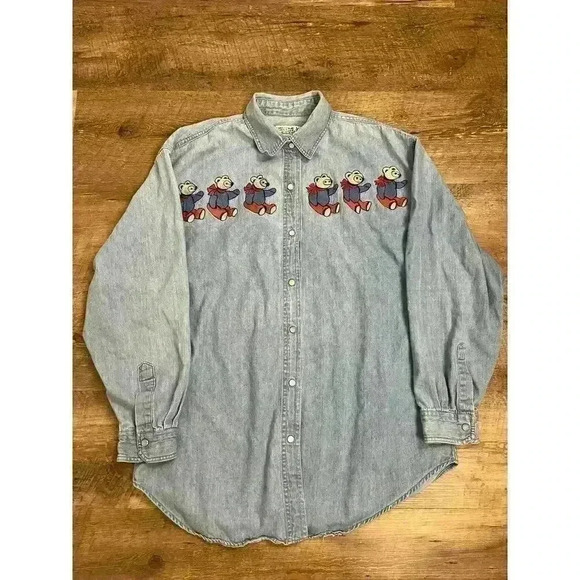 Vtg 80's Whistles Pearl Snap Denim Button Up Shirt Bear Embroidered Size M - Picture 1 of 12
